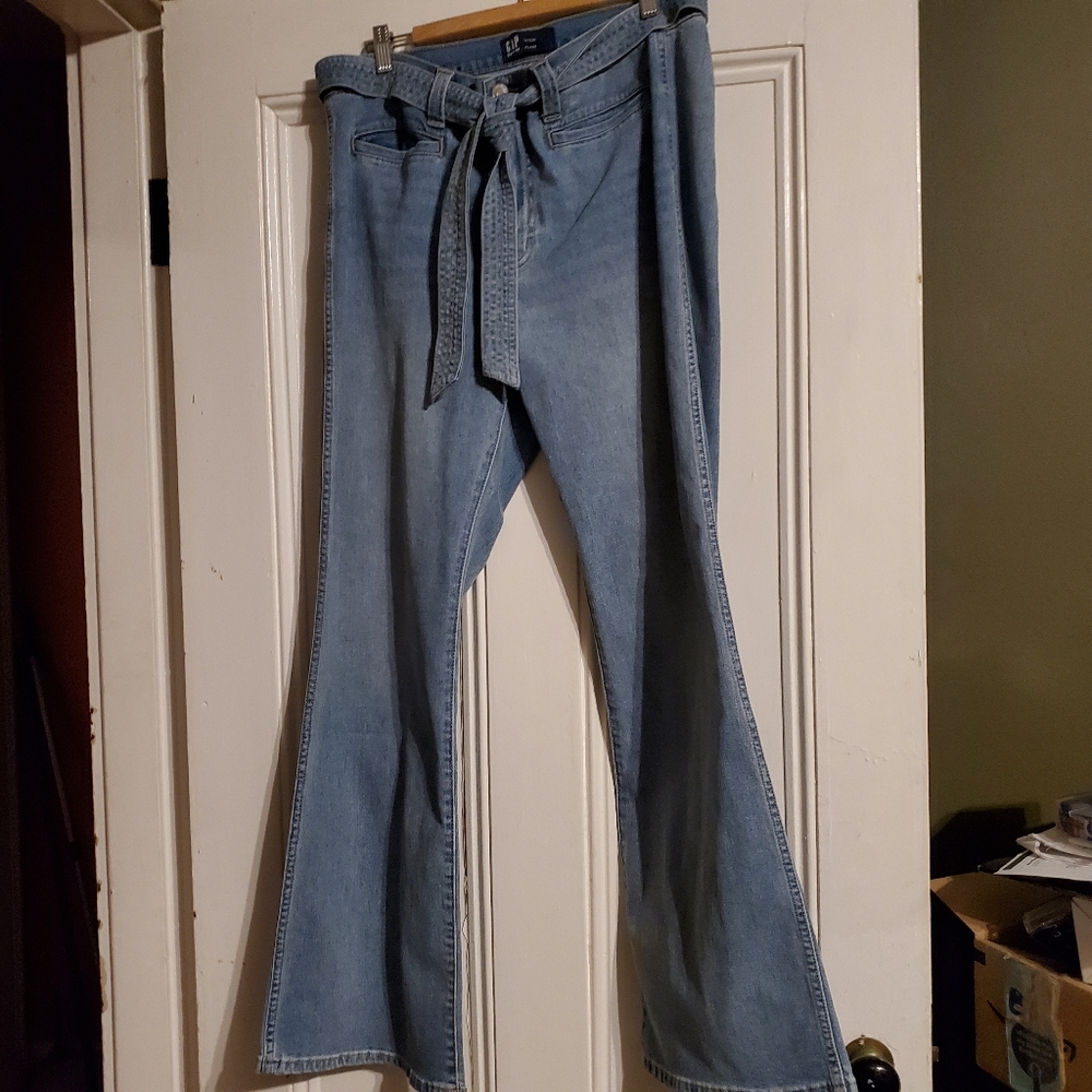 Gap Factory high rise tie belt flare jeans